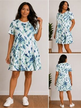 Johnny Was Workshop Tie Dye Swing Dress Blue Green Boho Luxe Size XL